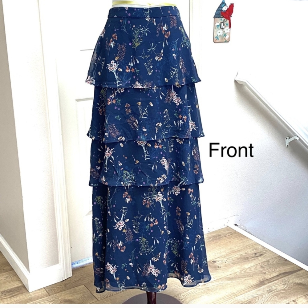 Anthropologie Maeve ruffled floral navy skirt